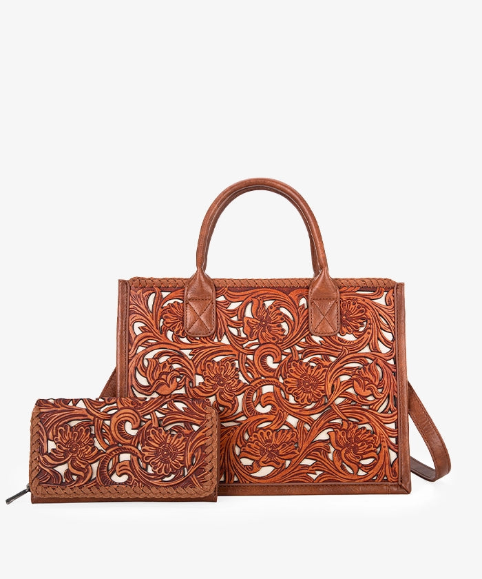 Trinity Ranch Tooled Tote Carry Bag Set Brown