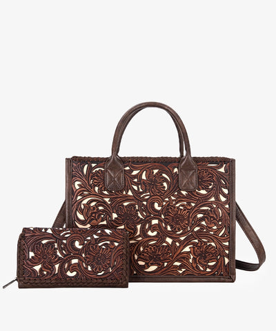 Trinity Ranch Tooled Tote Carry Bag Set Coffee