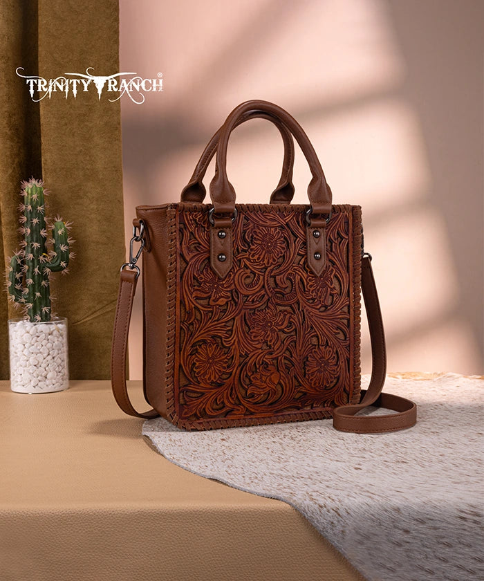 Trinity Ranch Western Floral Tooled Tote Bag Brown