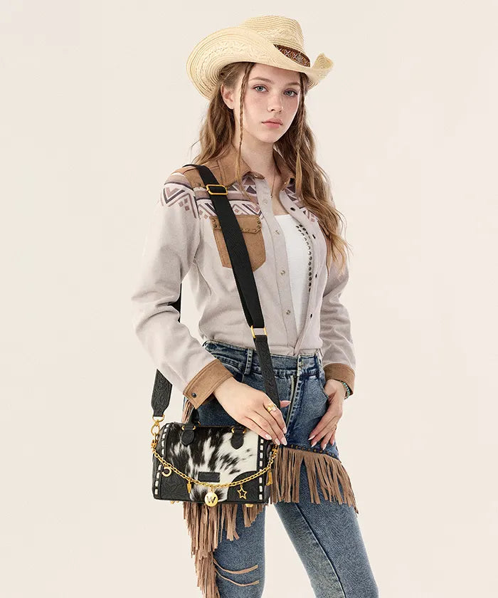 Wrangler Genuine Leather Hair-On Cowhide Satchel Bag in Black