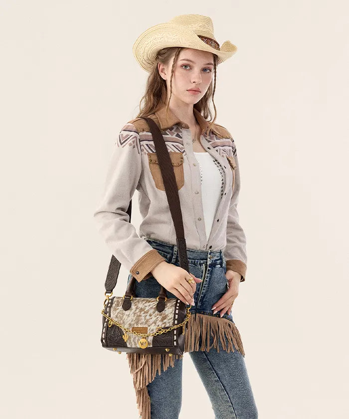 Wrangler Genuine Leather Hair-On Cowhide Satchel Bag in Coffee