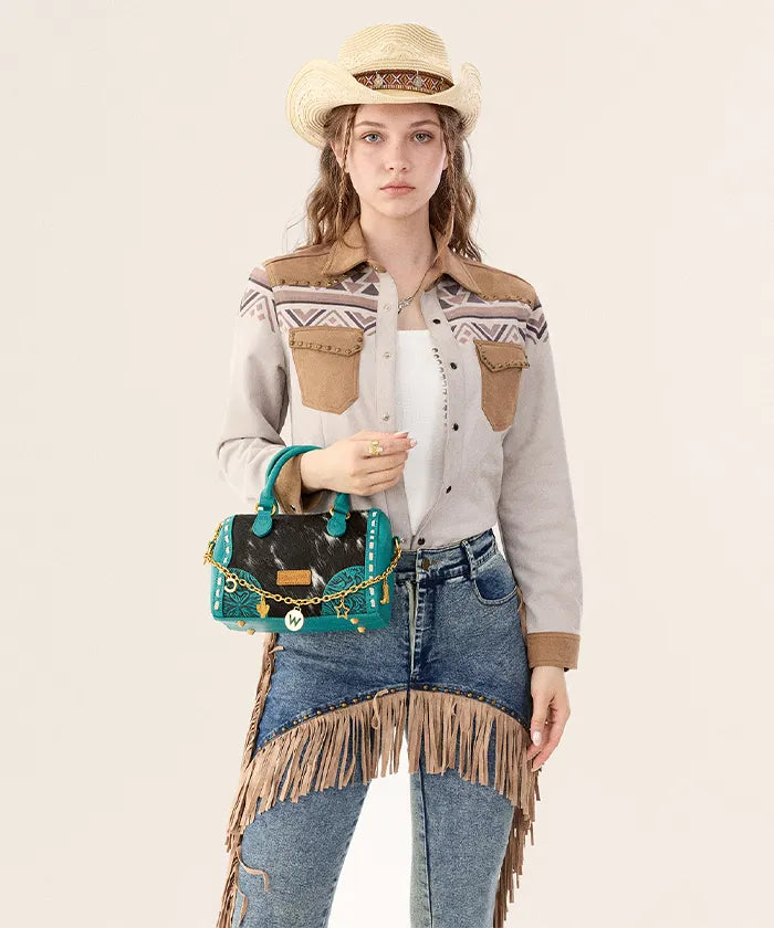 Wrangler Genuine Leather Hair-On Cowhide Satchel Bag in TQ