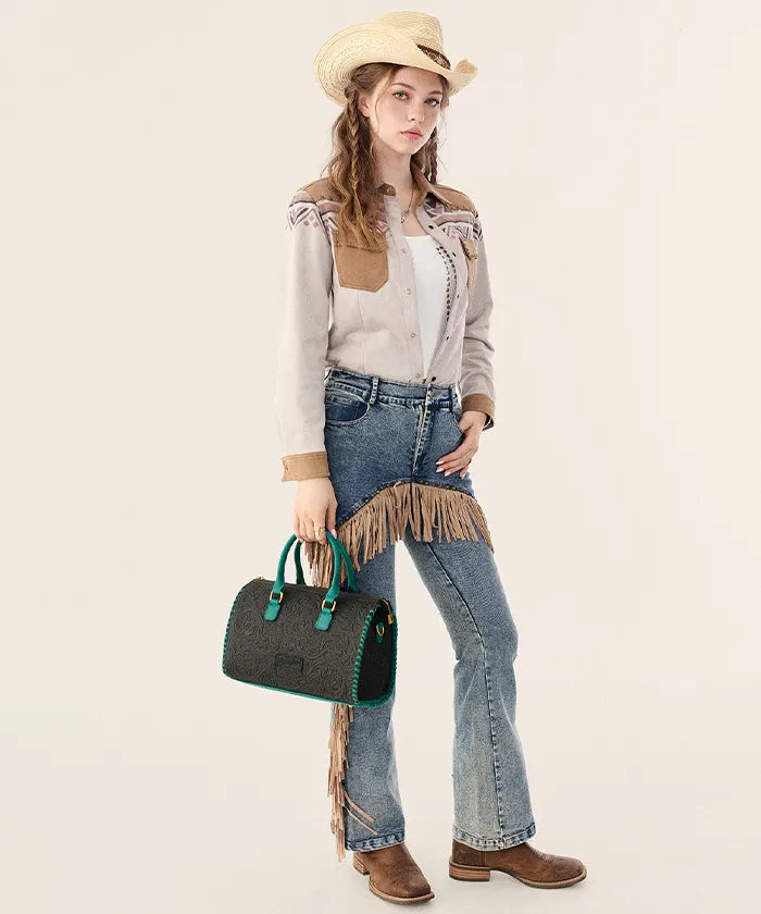 Wrangler Genuine Leather Western Tooled Handbag in BK