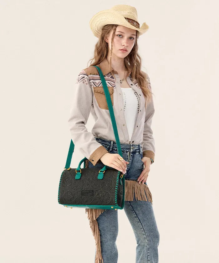 Wrangler Genuine Leather Western Tooled Handbag in BK