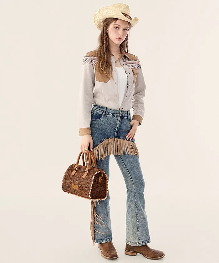 Wrangler Genuine Leather Western Tooled Handbag in BR