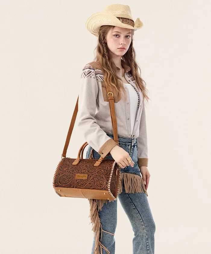 Wrangler Genuine Leather Western Tooled Handbag in BR
