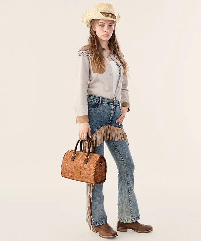 Wrangler Genuine Leather Western Tooled Handbag in KH