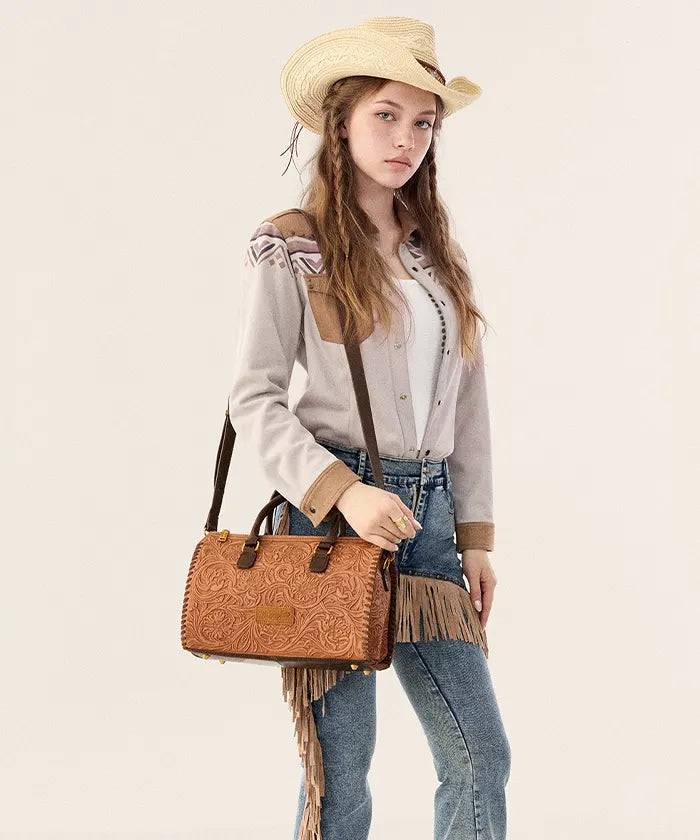 Wrangler Genuine Leather Western Tooled Handbag in KH