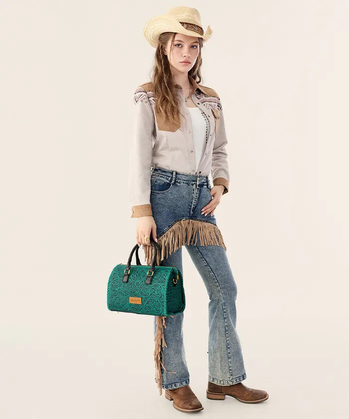 Wrangler Genuine Leather Western Tooled Handbag in TQ