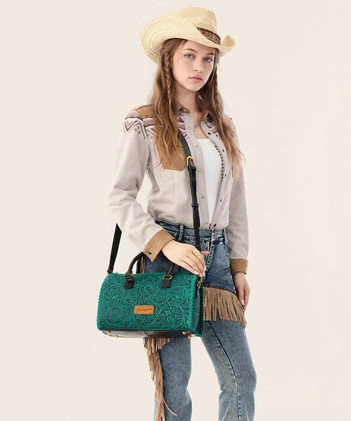 Wrangler Genuine Leather Western Tooled Handbag in TQ