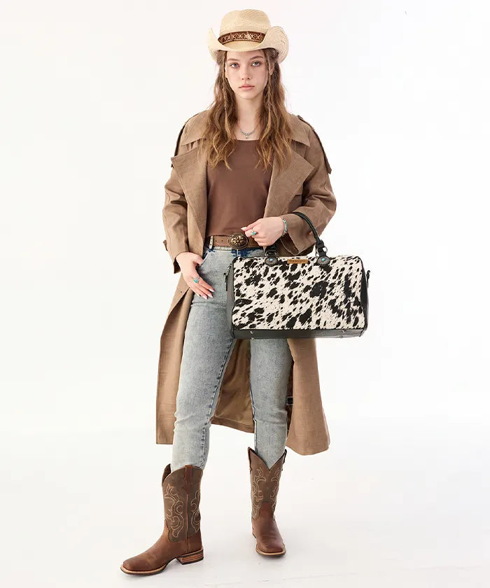 Wrangler Western Top Handle Purse with Cow Print Design in BK