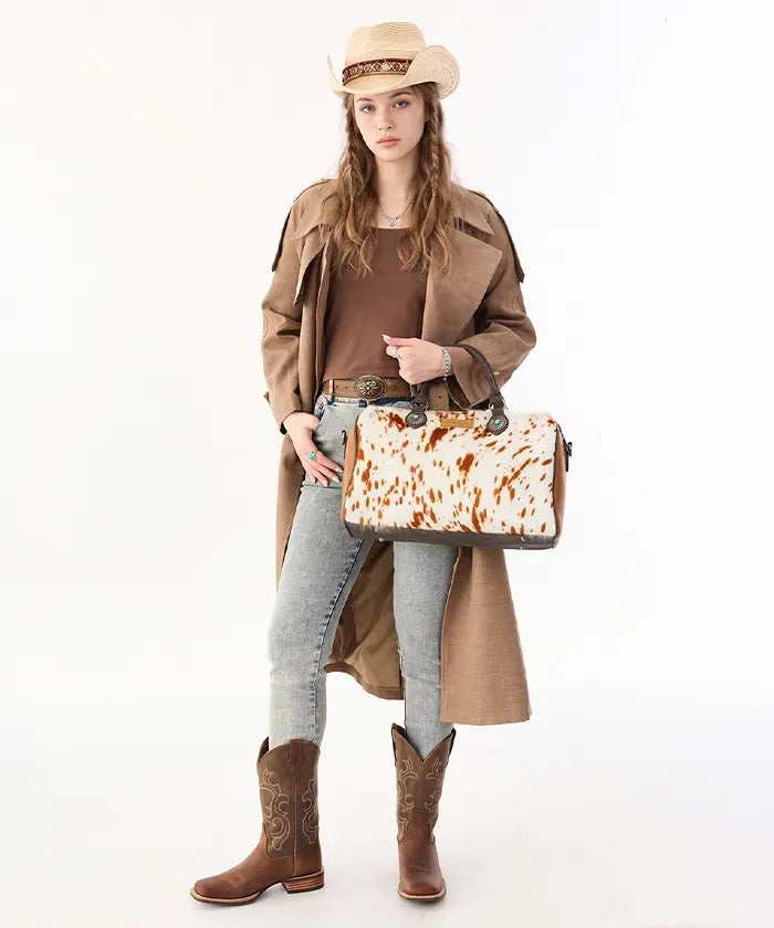 Wrangler Western Top Handle Purse with Cow Print Design in BR