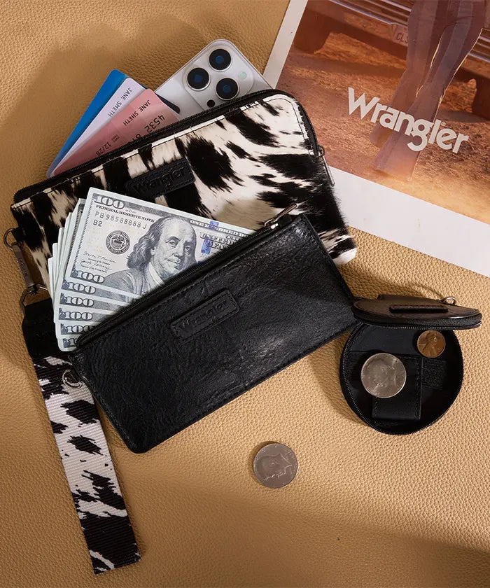 Wrangler Western Cow Print 3-Piece Wristlet Wallet Set  BK