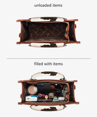 Comparison of an empty and filled brown leather bag 