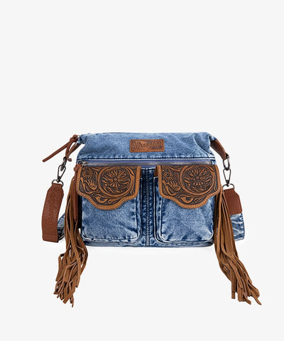 Wrangler Fringe Floral Tooled Denim Crossbody Bag - Montana West World