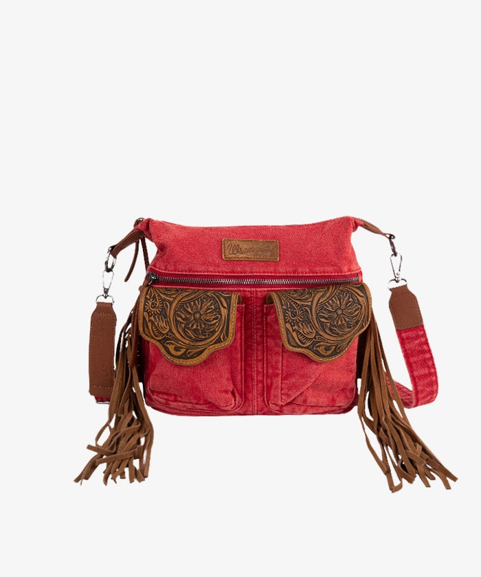 Wrangler Fringe Floral Tooled Denim Crossbody Bag - Montana West World