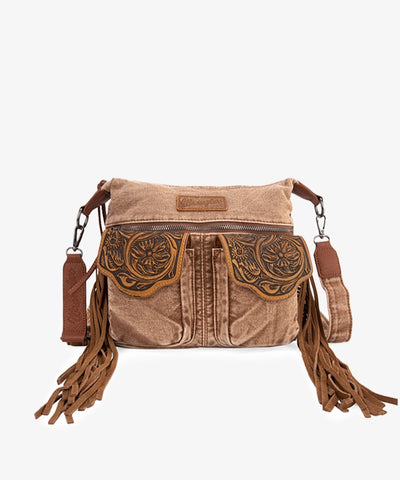 Wrangler Fringe Floral Tooled Denim Crossbody Bag - Montana West World