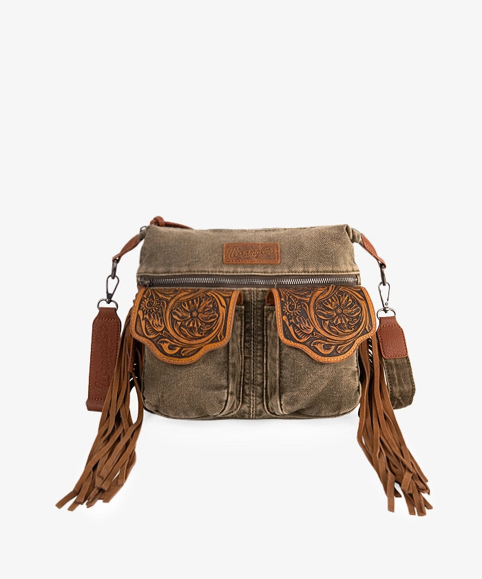 Wrangler Fringe Floral Tooled Denim Crossbody Bag - Montana West World