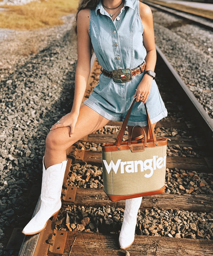 Wrangler Leather Trim Canvas Tote Bag Set-Country Glam Outfits