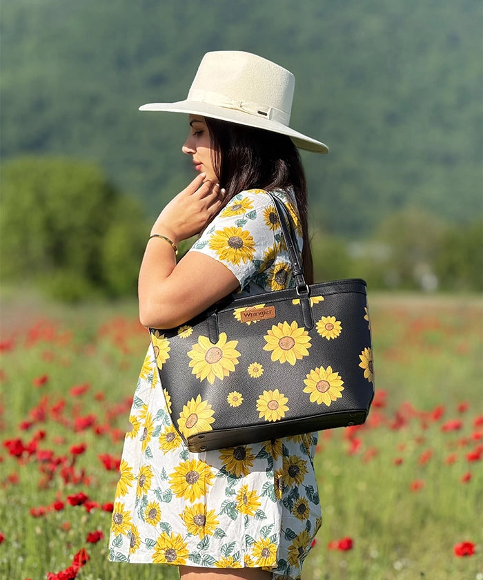 Wrangler Sunflower Print Wide Tote Bag-Country Glam Outfits