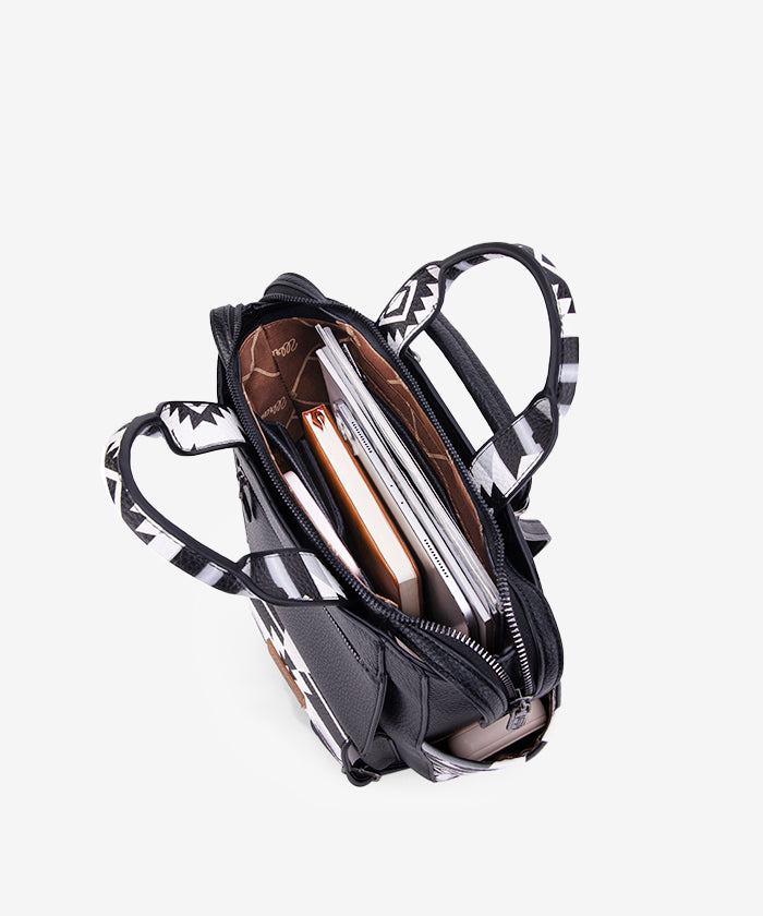 Montana West Wrangler Aztec backpack in black — textured finish, detachable straps, functional compartments  