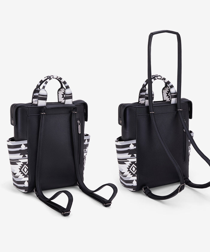 Montana West Wrangler Aztec backpack in black — textured finish, detachable straps, functional compartments  