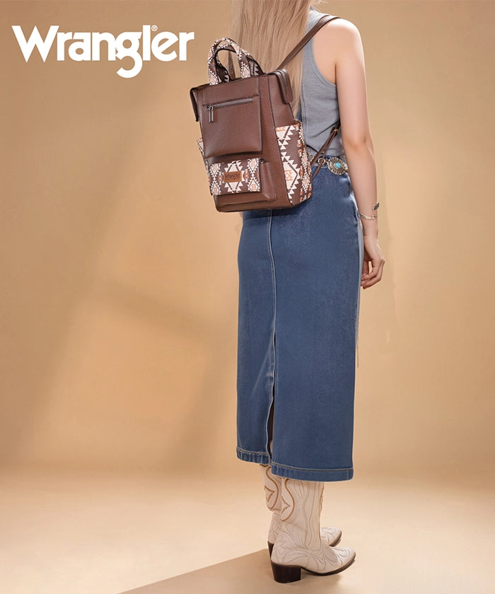Montana West Wrangler Aztec backpack in coffee — versatile tote-to-backpack design, premium synthetic leather  