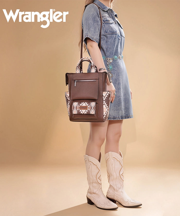 Montana West Wrangler Aztec backpack in coffee — versatile tote-to-backpack design, premium synthetic leather  
