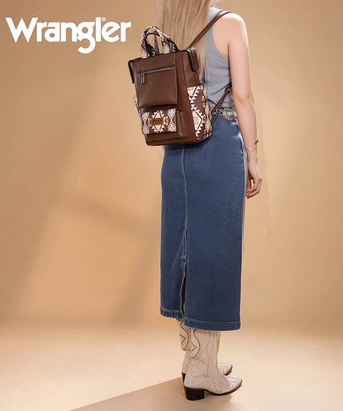 Montana West Wrangler Aztec backpack in dark coffee — versatile tote-to-backpack design, premium synthetic leather  