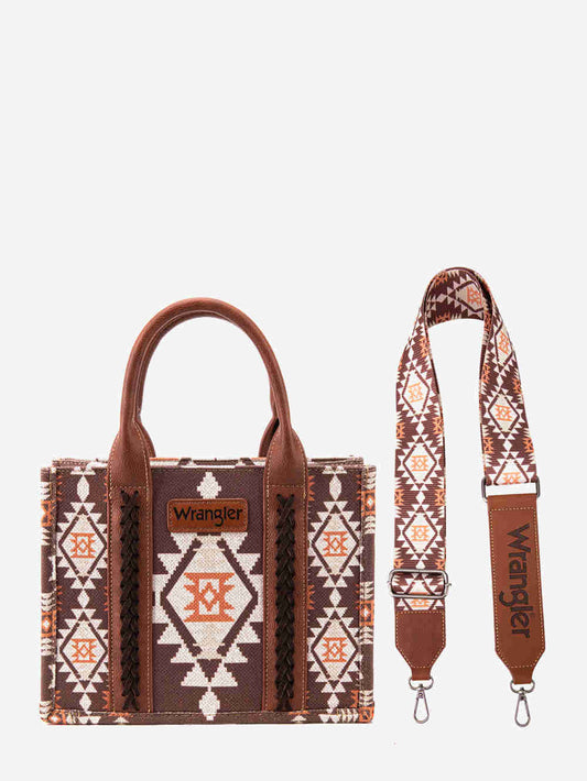 Wrangler Coffee Allover Aztec Dual Sided Print Crossbody Canvas Tote - Montana West World