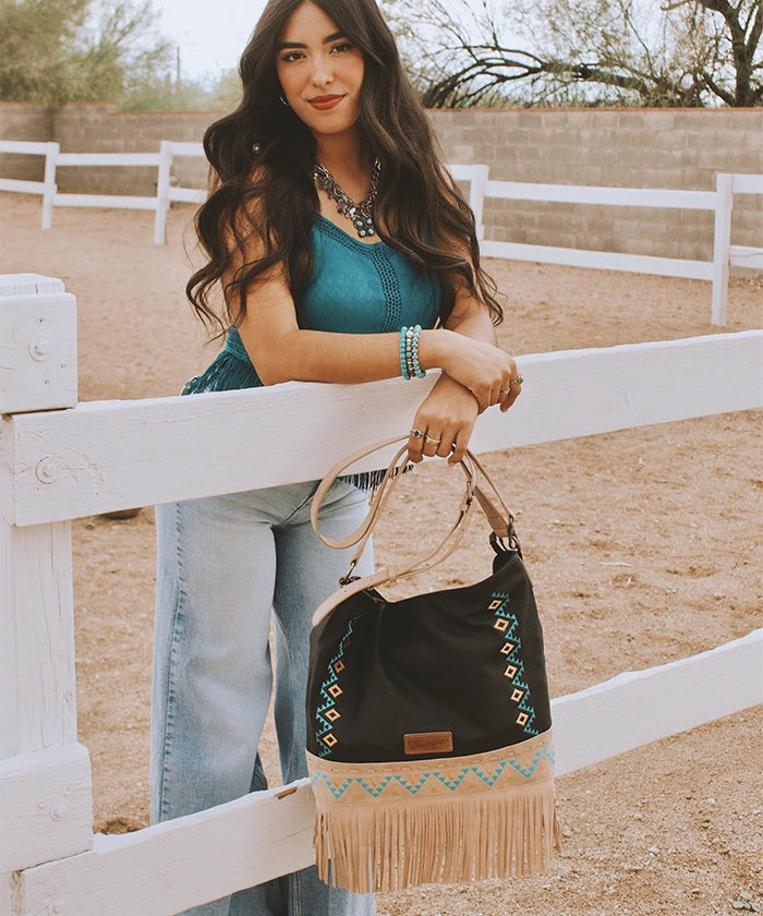 Wrangler Aztec Embroidered Fringe Shoulder Bag-Country Glam Outfits