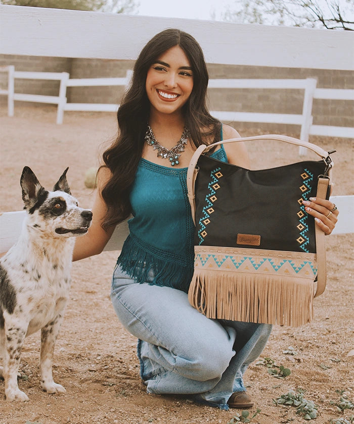Wrangler Aztec Embroidered Fringe Shoulder Bag-Country Glam Outfits