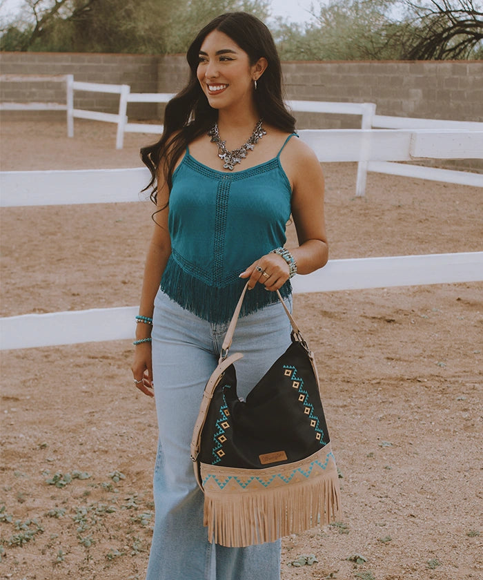 Wrangler Aztec Embroidered Fringe Shoulder Bag