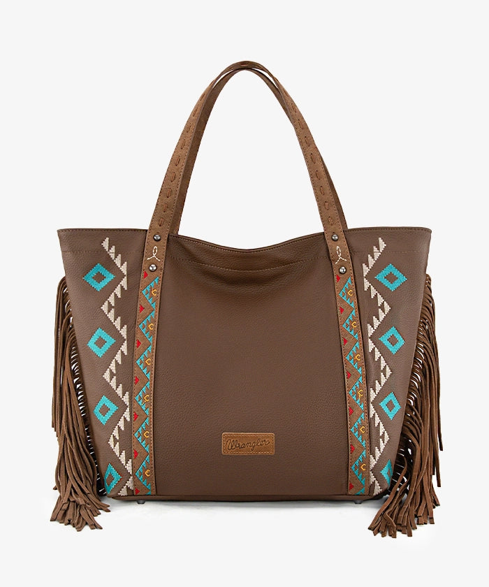 Wrangler Aztec Embroidered Fringe Wide Tote