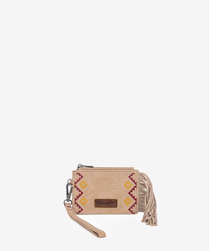 Wrangler Embroidered Fringe Wristlet Wallet in tan