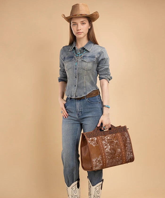 Wrangler Floral Tooled Tote Bag in Brown