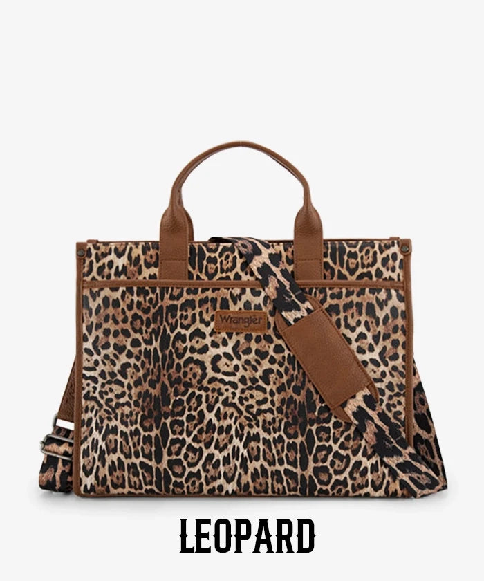 Wrangler laptop tote bag with leopard western print and shoulder strap