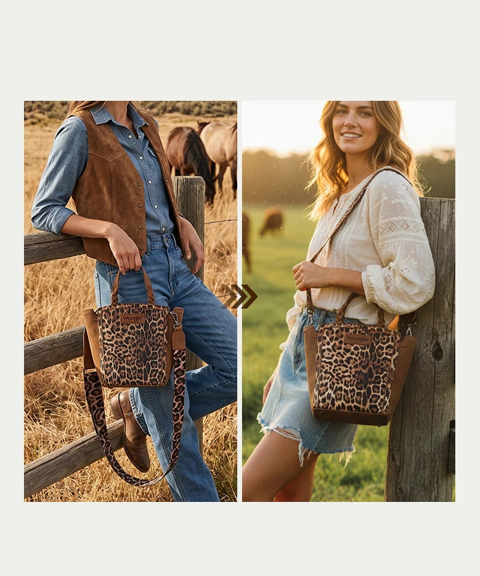 Wrangler Western Braided Handle Leopard Tote Bag Brown