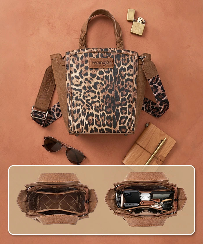 Wrangler Western Braided Handle Leopard Tote Bag Brown - capacity