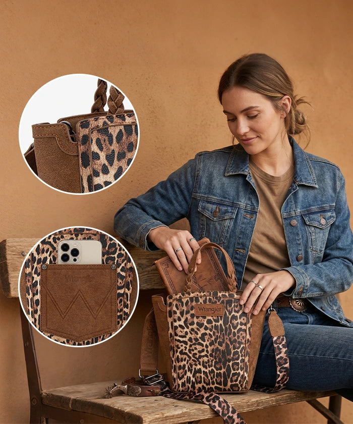 Wrangler Western Braided Handle Leopard Tote Bag Brown - details