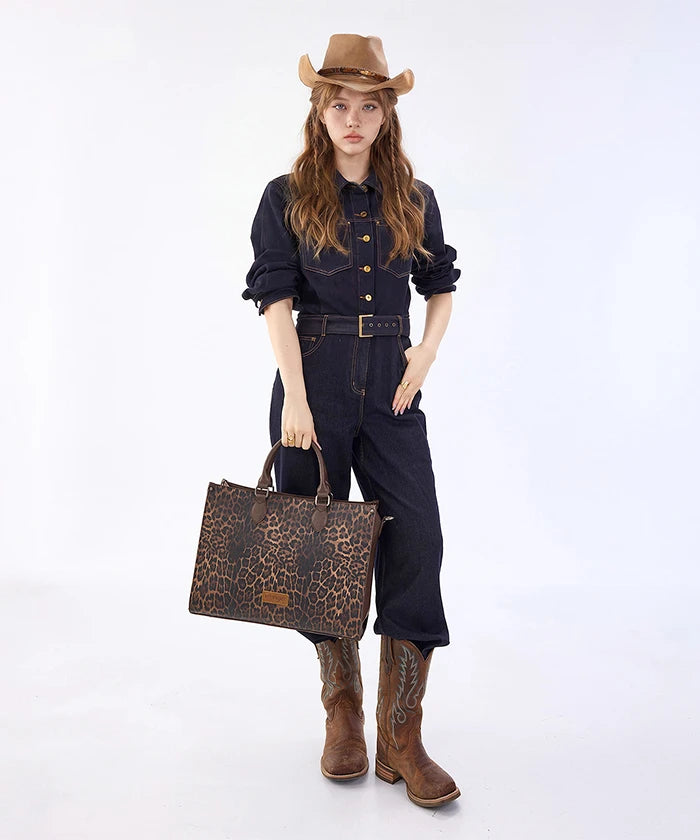 Wrangler Leopard Print Structured Tote Bag in Brown Leopard Coffee