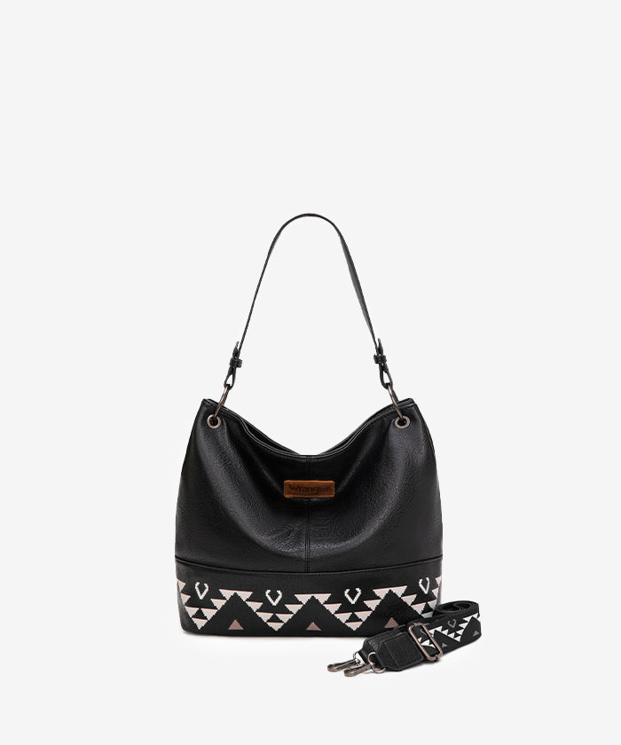 Wrangler hobo shoulder bags in BK — Vegan leather with tribal pattern accent  