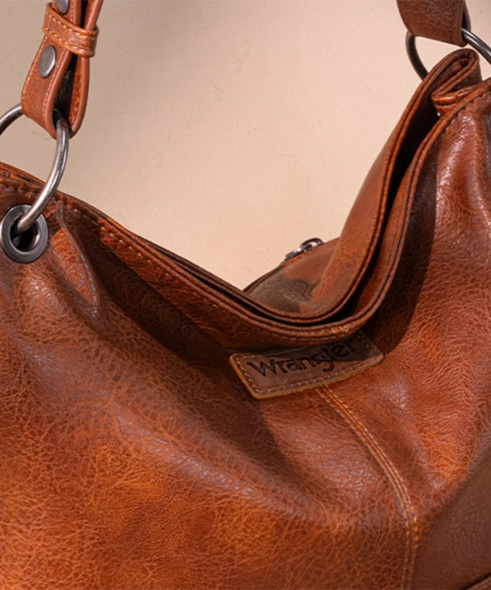 Wrangler hobo shoulder bags in BR-LP — Vegan leather with tribal pattern accent  