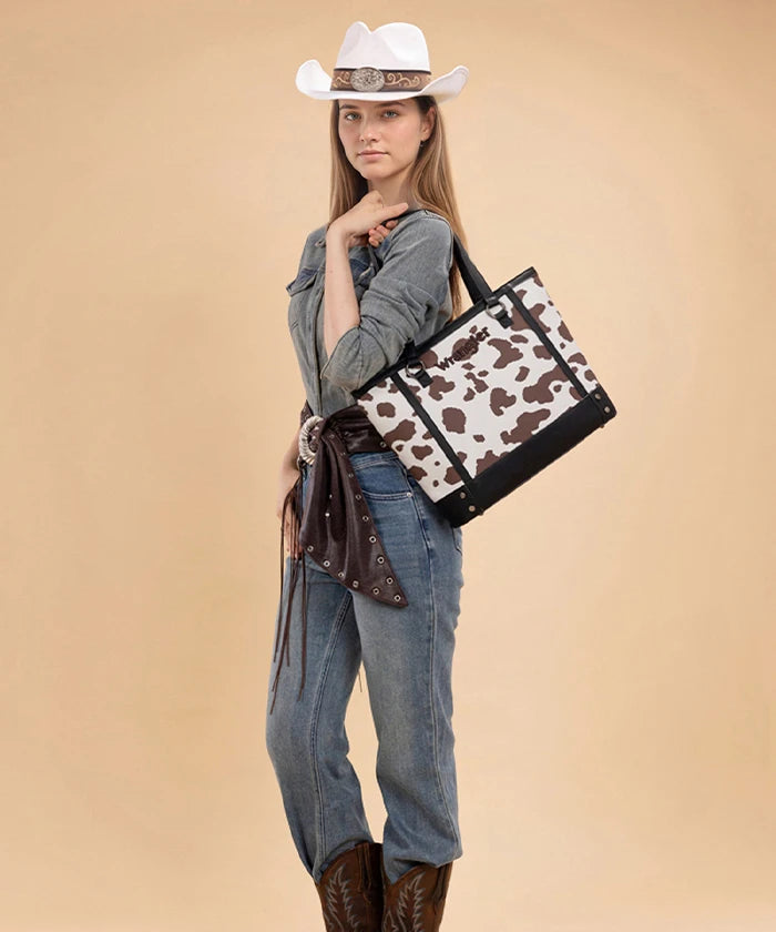 Wrangler Cowgirl Cow Print Tote Bag in Black