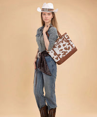 Wrangler Cowgirl Cow Print Tote Bag in Brown