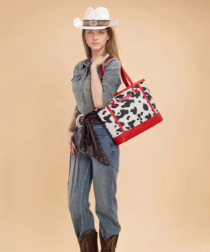 Wrangler Cowgirl Cow Print Tote Bag in Red