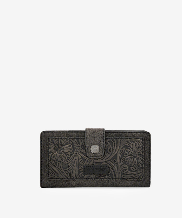 Wrangler bifold wallet in Black— Synthetic leather with floral tooled pattern and RFID protection