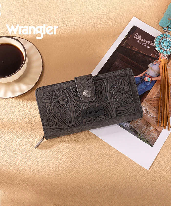 Wrangler bifold wallet in Black— Synthetic leather with floral tooled pattern and RFID protection