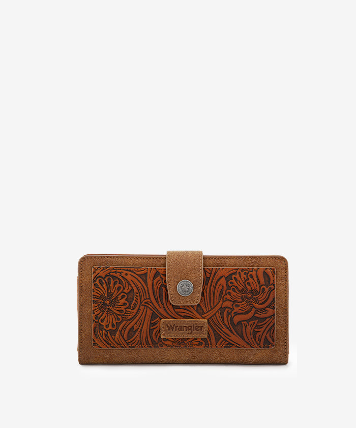 Wrangler bifold wallet in Brown— Synthetic leather with floral tooled pattern and RFID protection