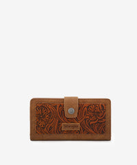 Wrangler bifold wallet in Brown— Synthetic leather with floral tooled pattern and RFID protection